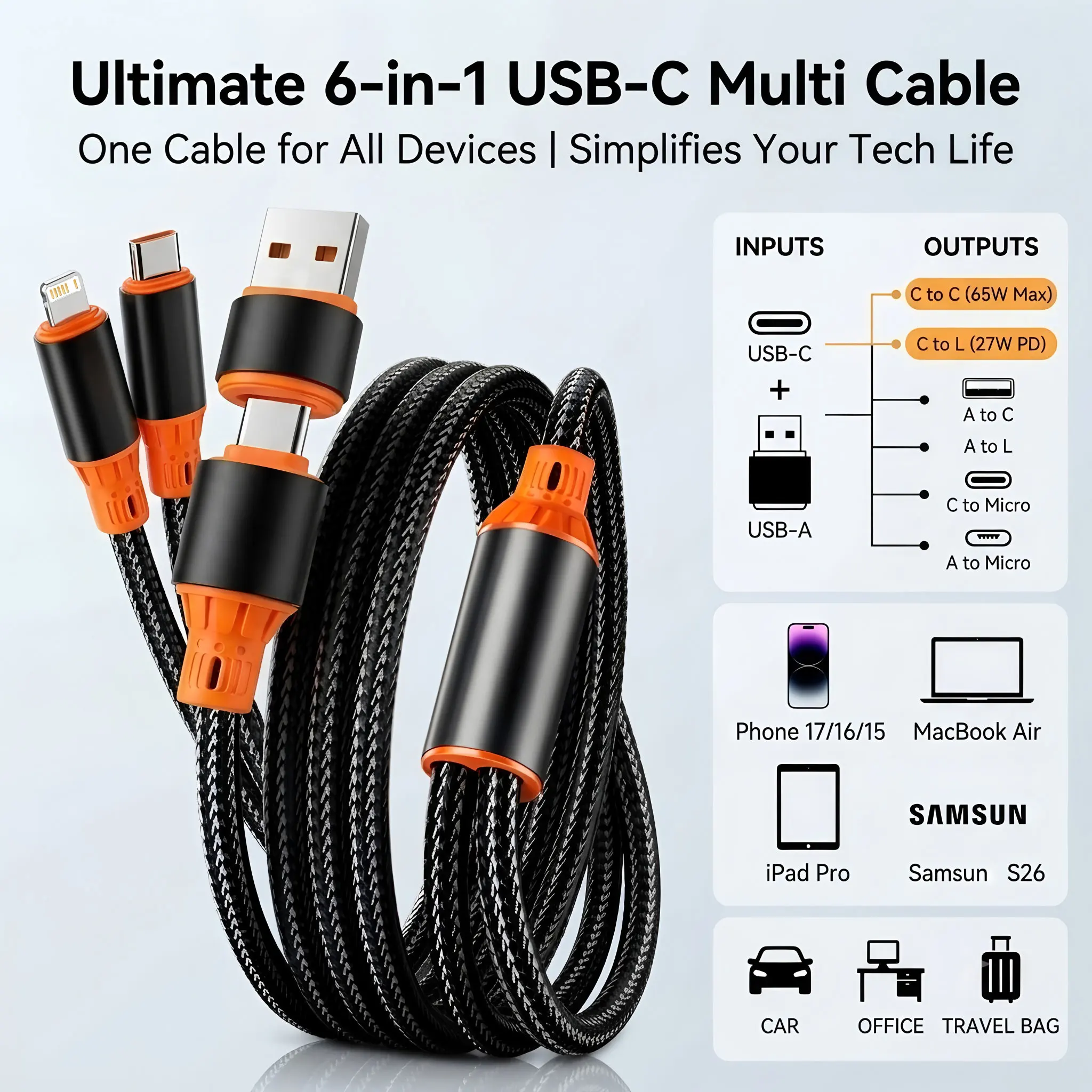 4 IN 1 USB C Fast Charging Cable Cord Nylon Braided Multiports Type C Micro Charger Wire For iPhone Samsung Xiaomi Huawei view 6
