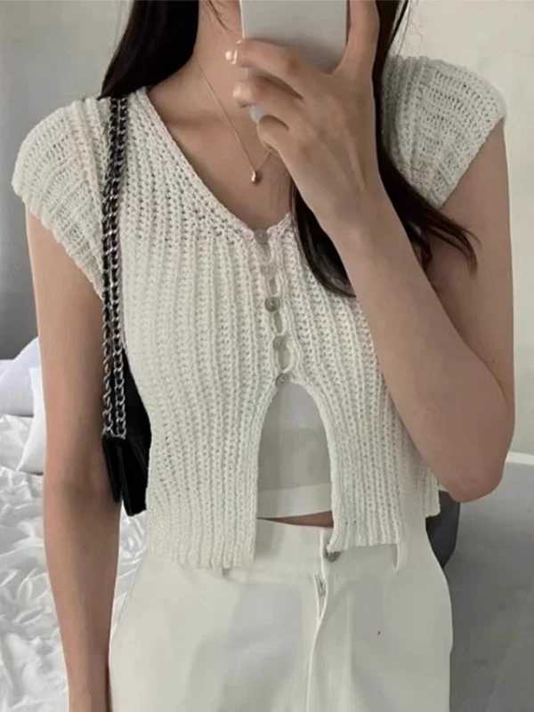

Slim Fit Short Sleeve Knitwear V Neck Button Design Hollow out Women's Summer Fashion Chic Versatile Dress