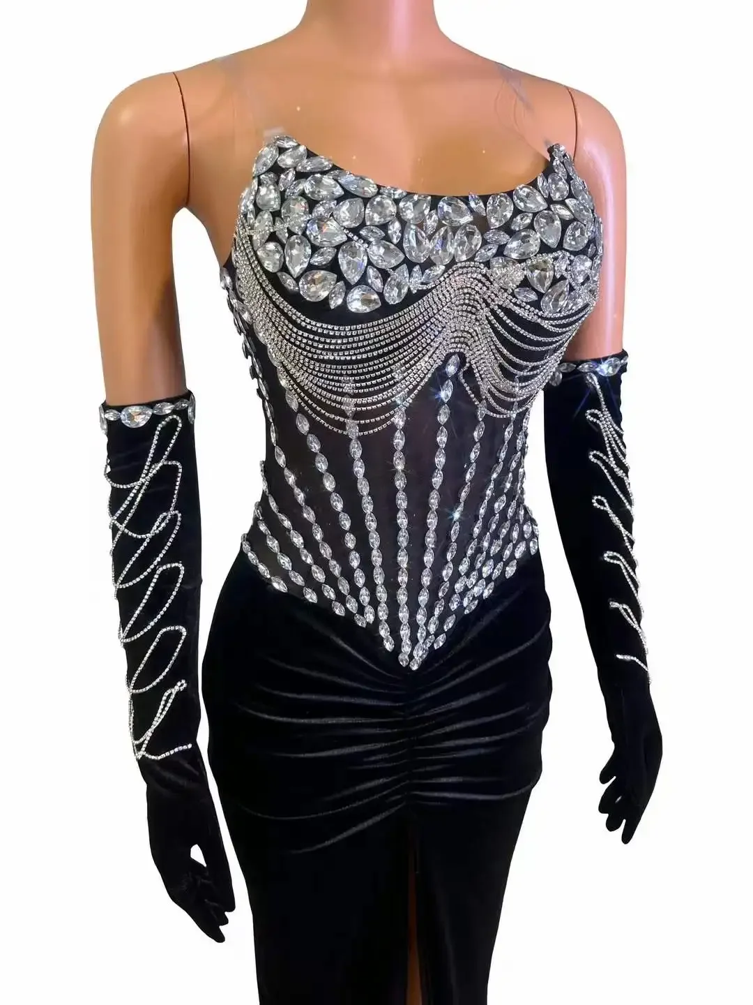 Schwarzes bodenlanges Kleid für Frauen, glitzernde Strass-Kristalle, luxuriöses, elegantes Geburtstags-Abend-, Abschlussball- und Nachtclub-Outfit mit Handschuhen