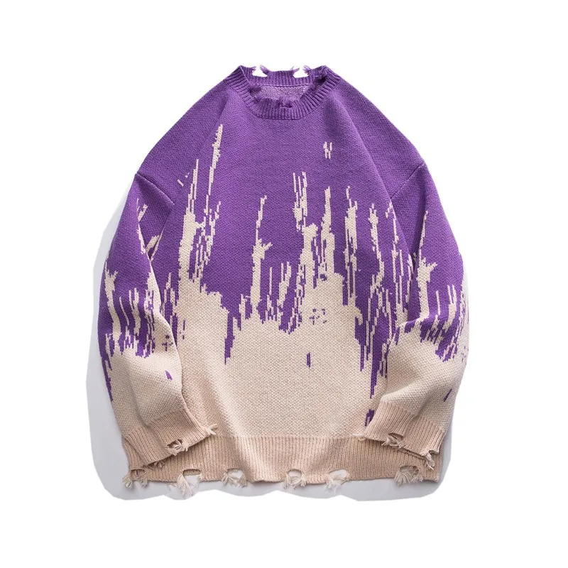 

Fashion Men's Sweaters Tie-dyed Contrast Graffiti Hip Hop Clothing Cut Broken Knit Pullovers Oversize Streetwear Jumper for Man