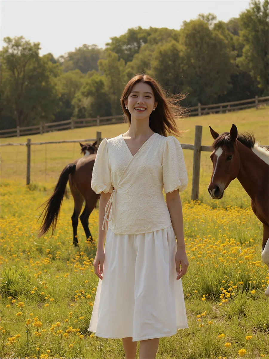 

Chic Elegant Youth Women'S Blouses V-Neck Short Sleeve Cotton Female Korean Style Long Autumn Feminine Tops Fashion Formal Size