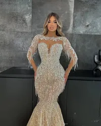 Aso Ebi Champagne Mermaid Prom Dress Beaded Crystals Evening Formal Party Second Reception Birthday Bridesmaid Engagement Gowns