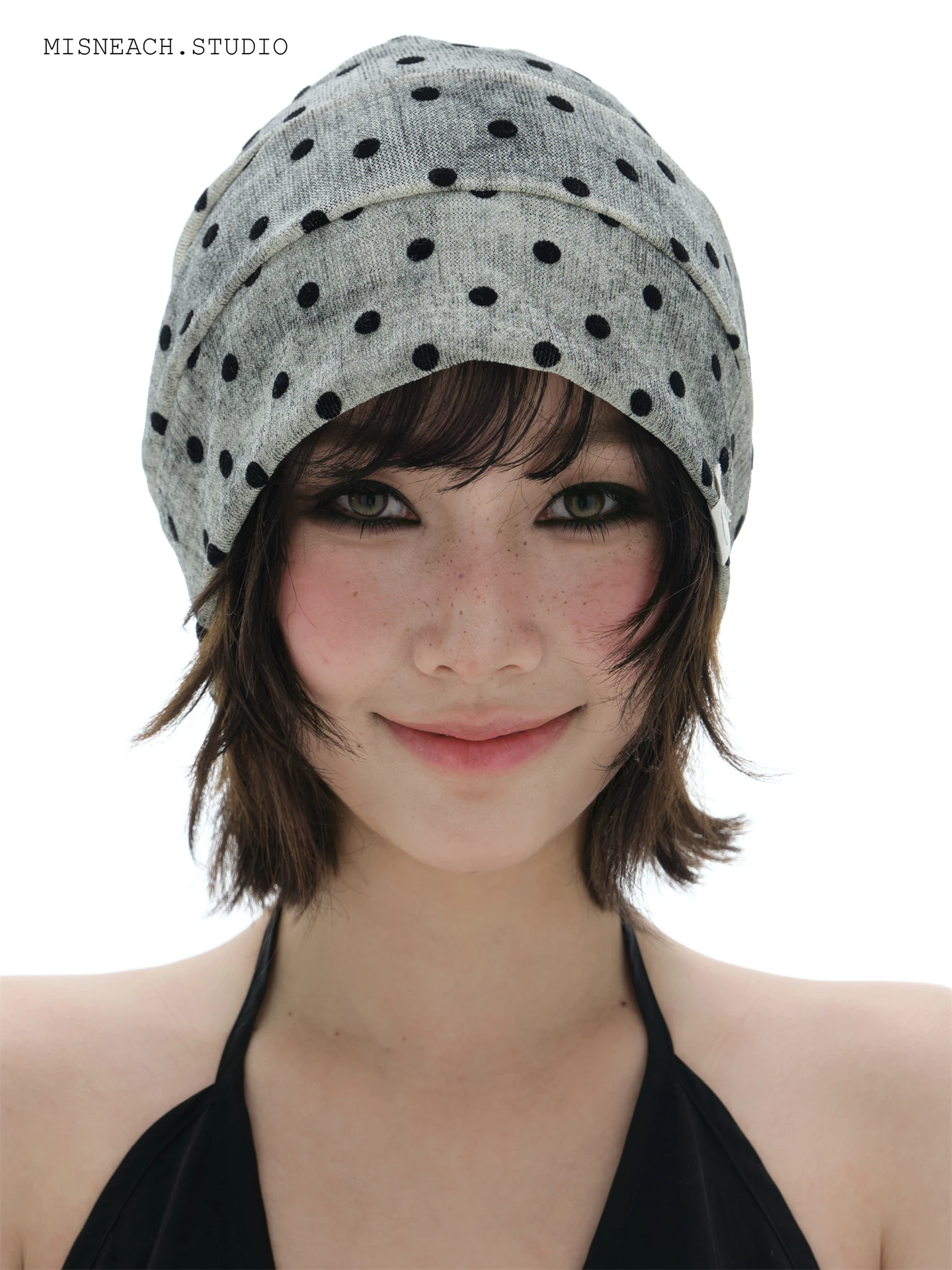 

Summer Polka Dot Mesh Thin Headscarf Hat Women's Fashionable Cold Cap round Top Non-Adjustable Breathable Foldable Universal Hat