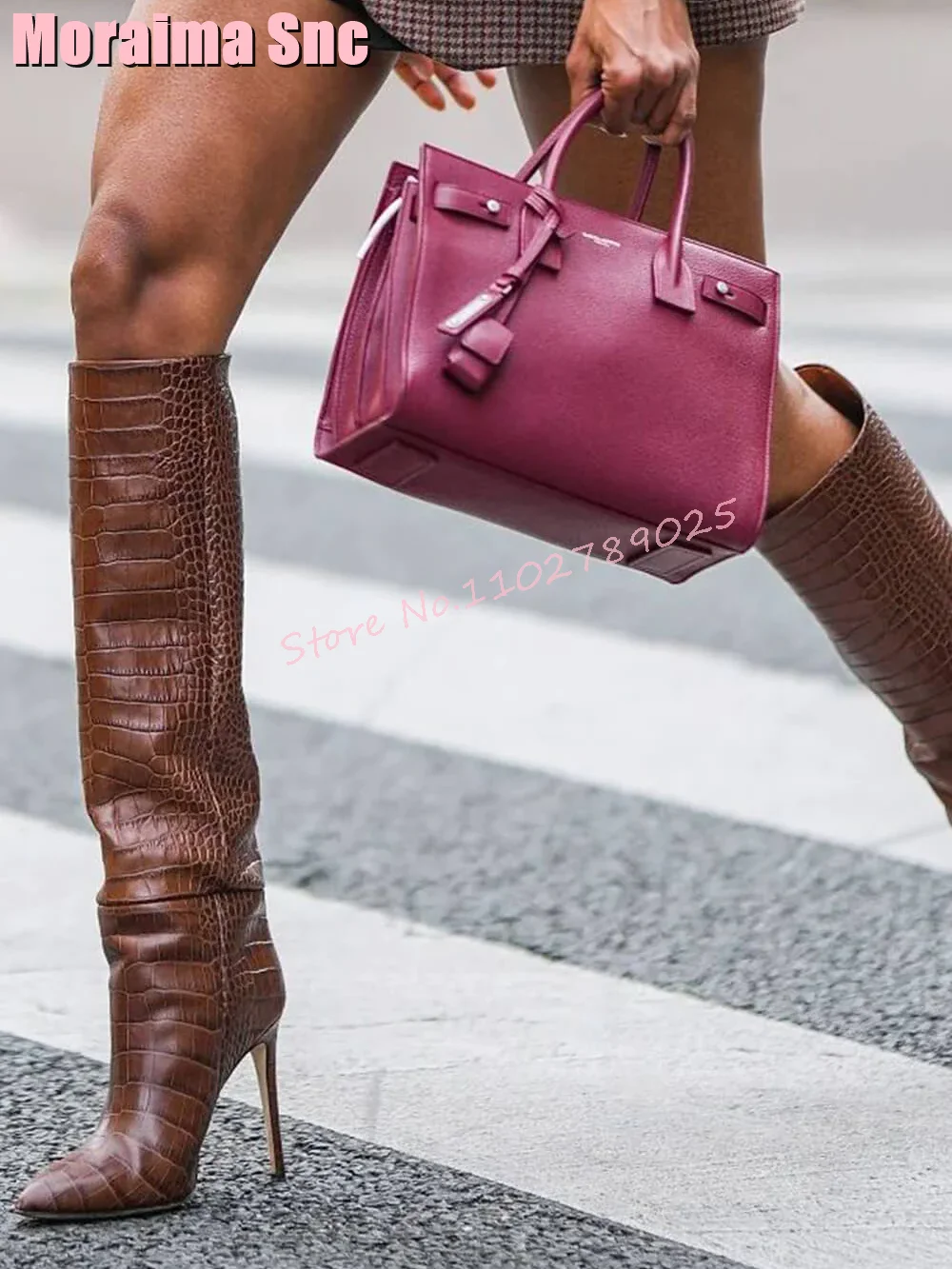 Knee High Pointed Stiletto Heel Boots Slip On Women Long Boots Autumn Winter Fashion Sexy Brown Solid Concise Style 2024 Newest