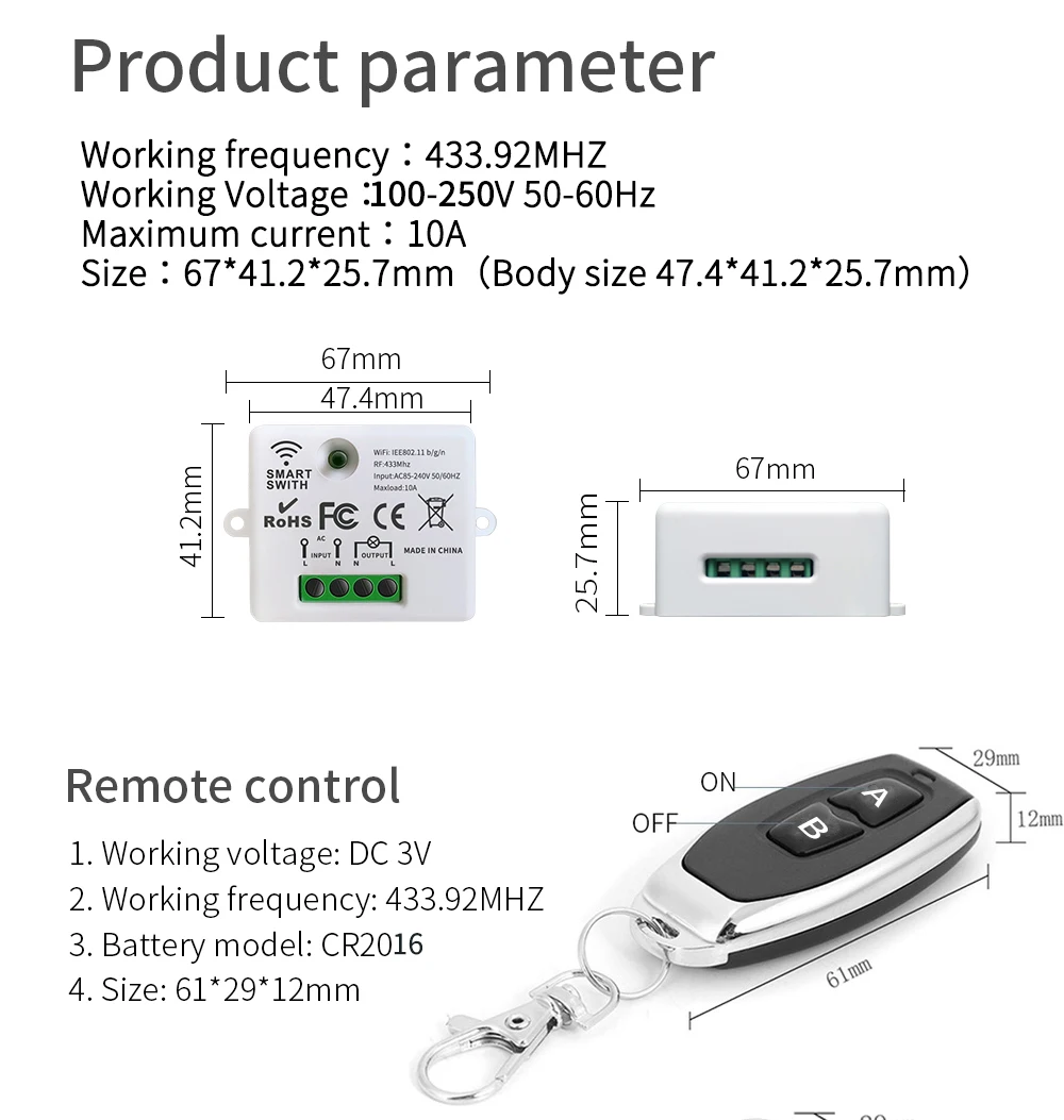 Drahtloser Schalter RF 433MHz Fernbedienungsschalter für Zuhause 110V 220V 10A Mini-Controller Haushaltslichtschalter – Detail 8