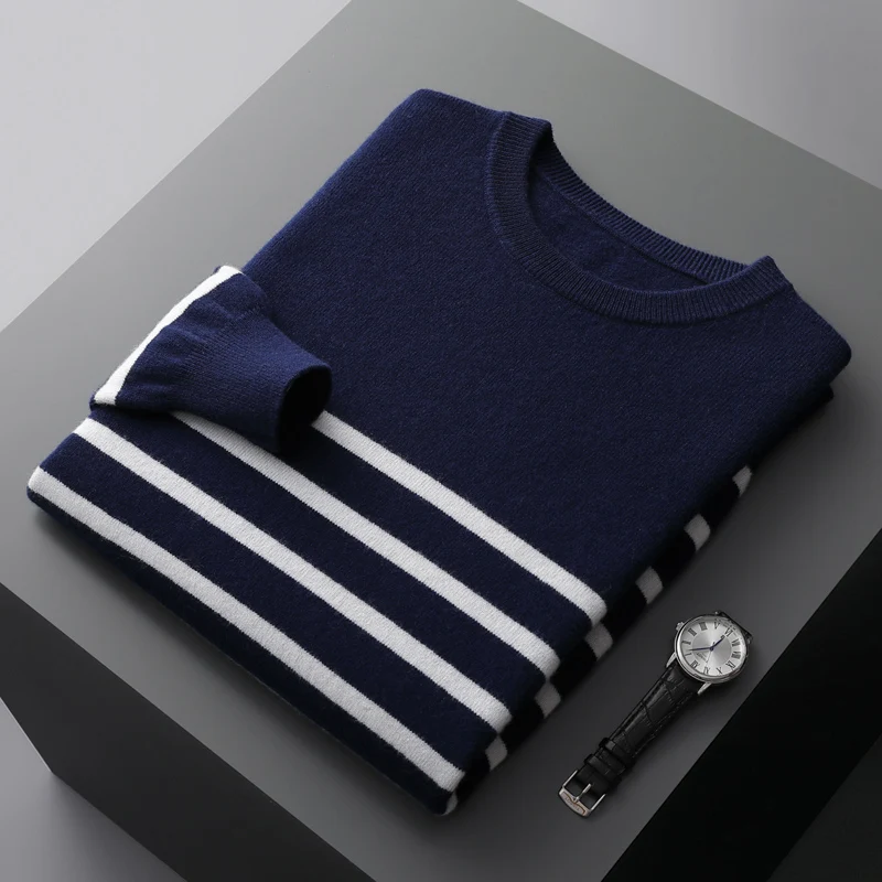 

100% pure wool men's round neck striped contrast casual fashion long sleeve pullover cashmere sweater