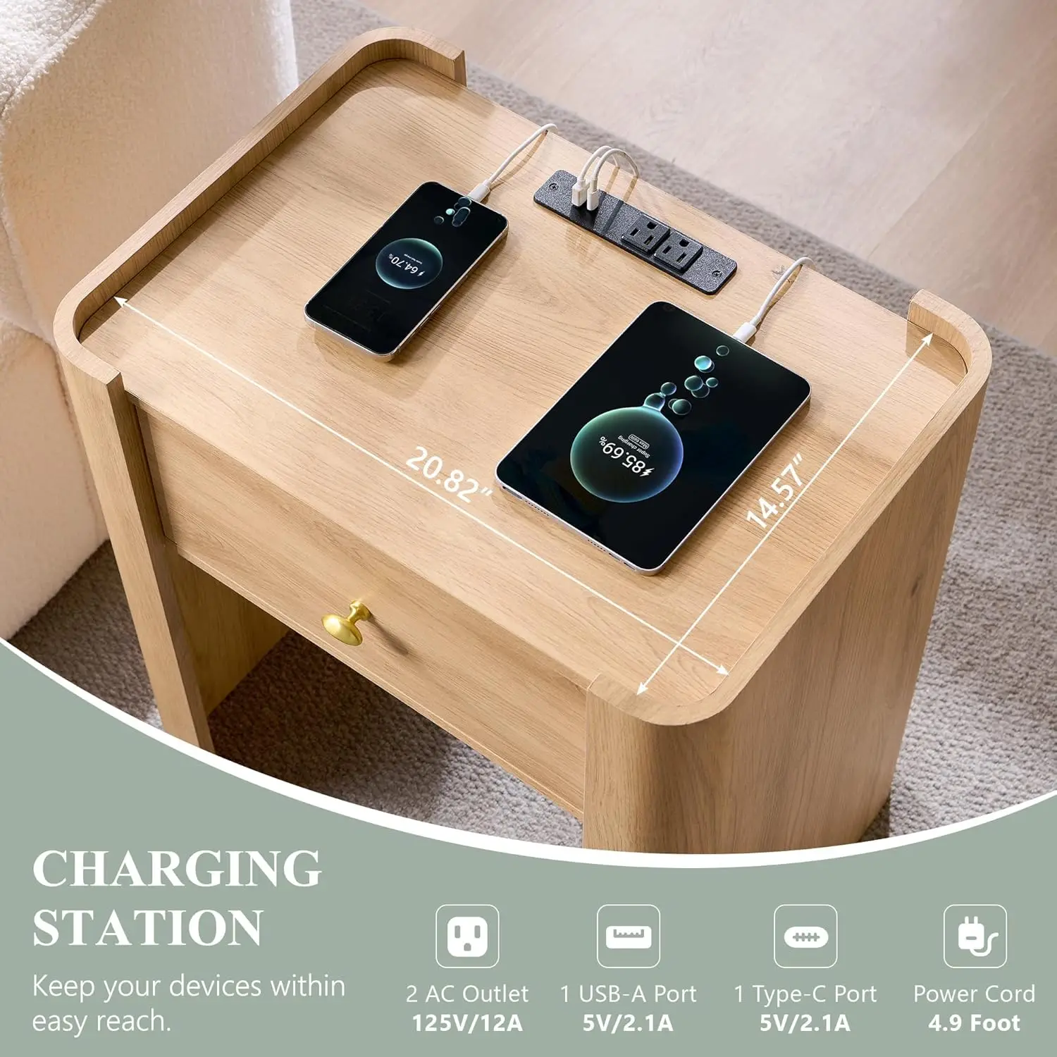 23.6' Tall Modern Nightstand with Charging Station, 22' Wide Wooden Bedside Table with Drawer, Natural Finish