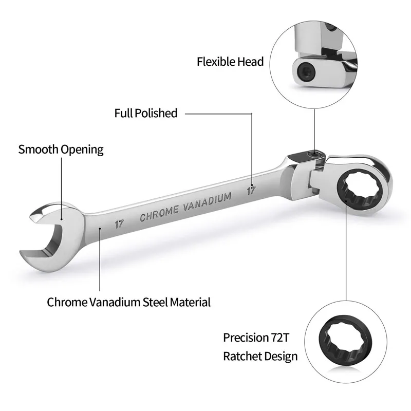 柔軟なピボットヘッドラチェットレンチ,ガレージスパナ,メトリックハンドツール,6mm-32mm,自動および家庭用修理用,1個