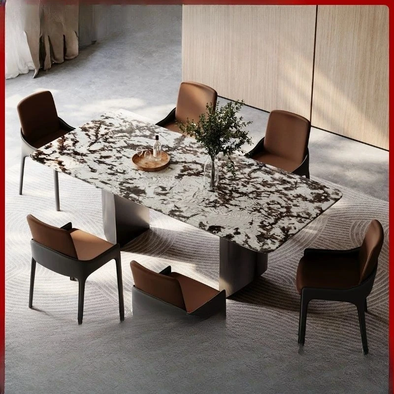 

Italian white snow-capped mountains, blue natural luxury stone dining table, modern simple high-end luxury stone