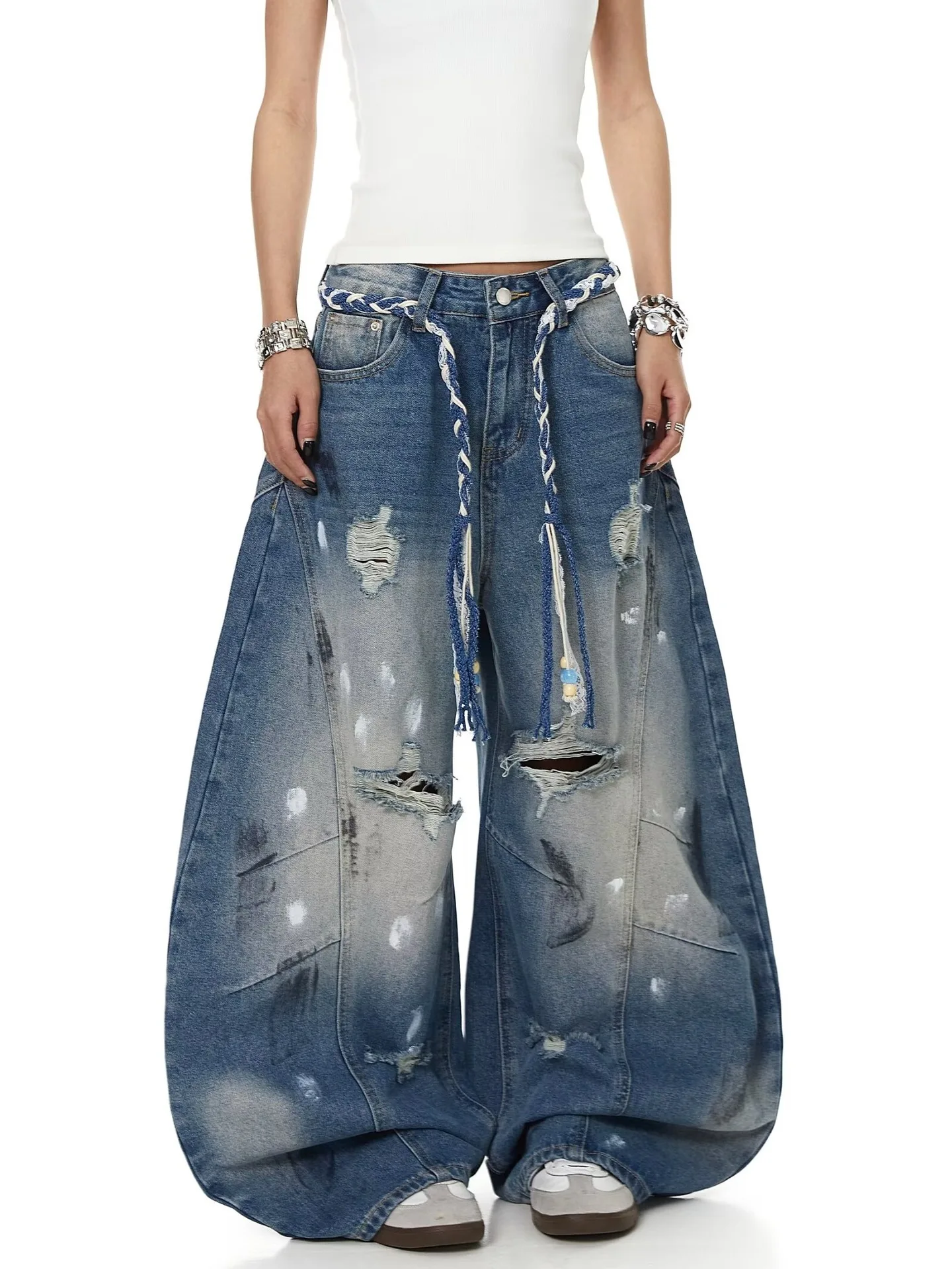 American Vintage Washed Curved Blade Jeans Unisex Baggy Wide Leg Denim Trousers HipHop Graffiti Hole Streetwear Casual Long Pant
