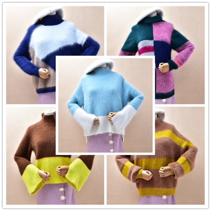 

Pull Femmes Woman Clothes Colored Fashion Angora Rabbit Hair Hand Knitted Long Sleeves Turtleneck Loose Pullover Sweater Jumper