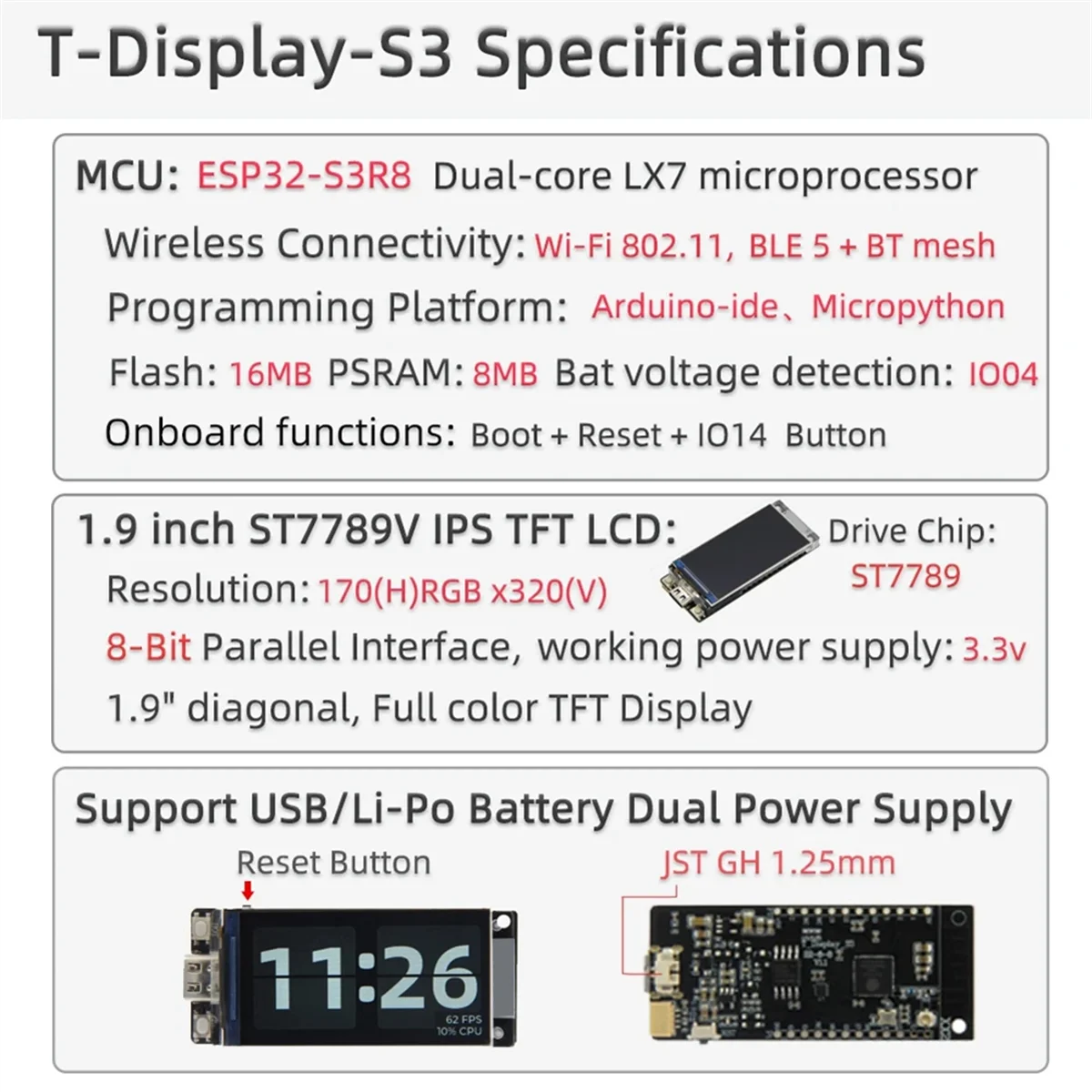 AU32-ESP32-S3R8 T-Display-S3 Development Board 1.9 Inch LCD Display WIFI Bluetooth5.0 170x320 Wireless Module