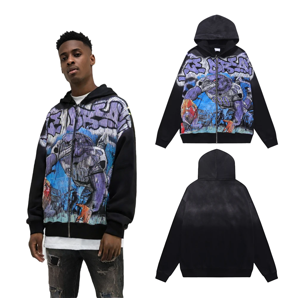 

Y2k Graffiti Graphic Hoodies Hip Hop Streetwear Casual Street Style Heavy Cotton Distressed Print Sweatshirt with Zipper Hoodies
