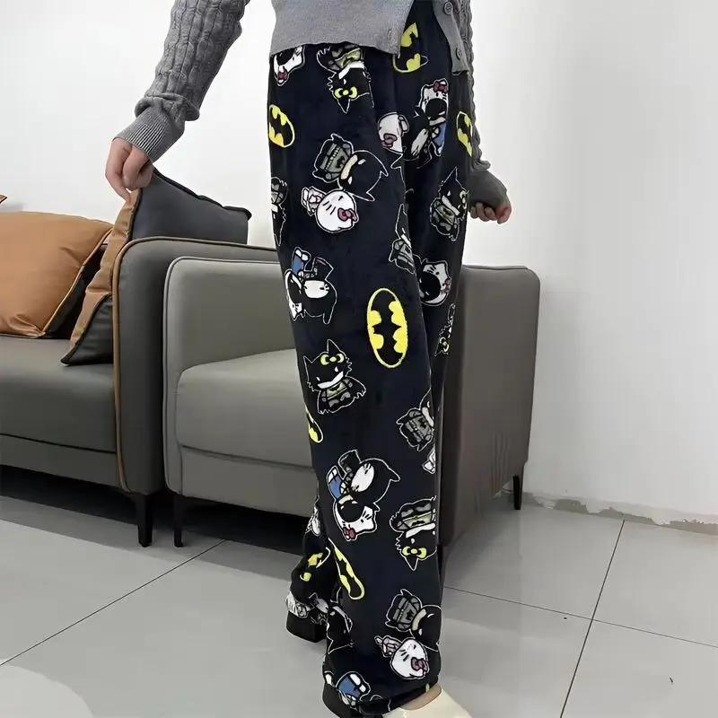 New Sanrio Y2k Autumn Hello Kitty Batman Pajama Pants Cartoon Hip Hop Ladies Warm Casual Flannel Cute Pants Plush Style Clothing