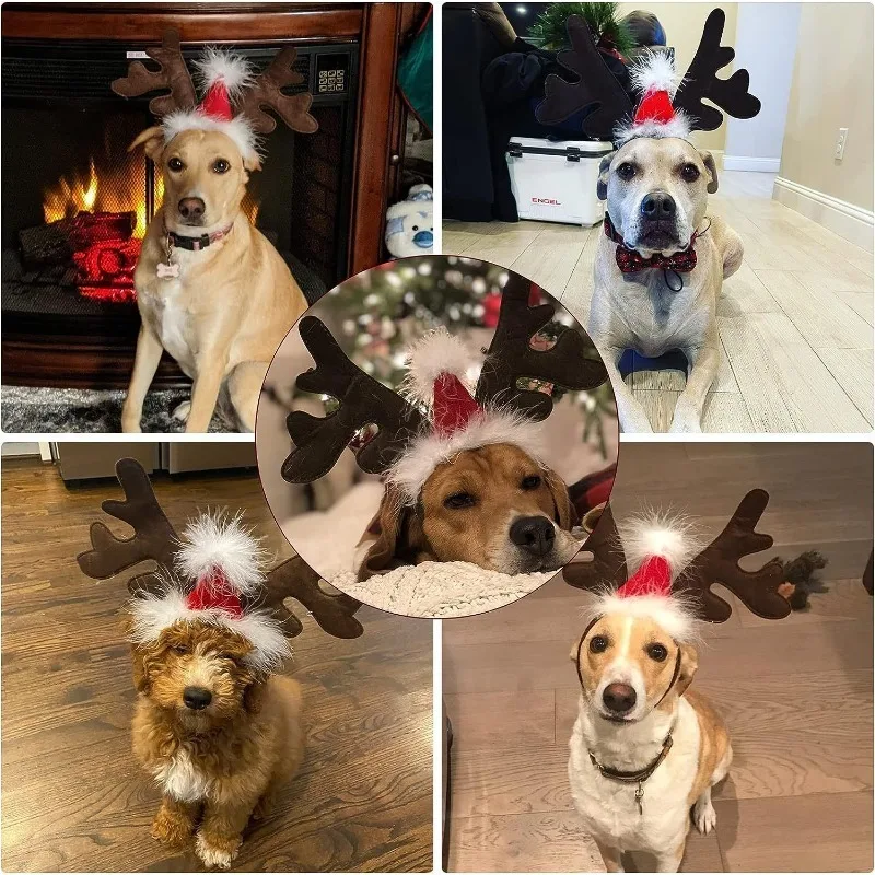 Pet Christmas Cosplay Antlers Headwear Dog Cat Hairband Scarf Accessories Boys Girls Headdress Role Play Props Xmas Theme Party view 2