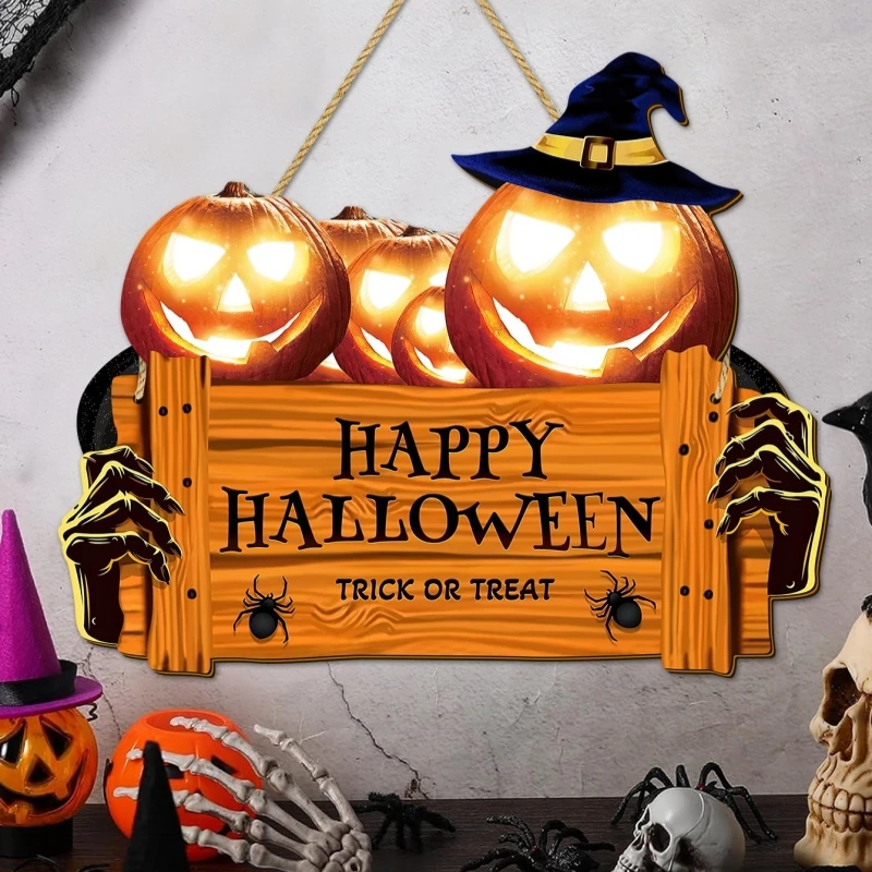 

Pumpkin Welcome Sign for Front Door Halloween Wooded Window Decoration Holiday Doorplate Horror Welcome Sign Wreath Home Decor