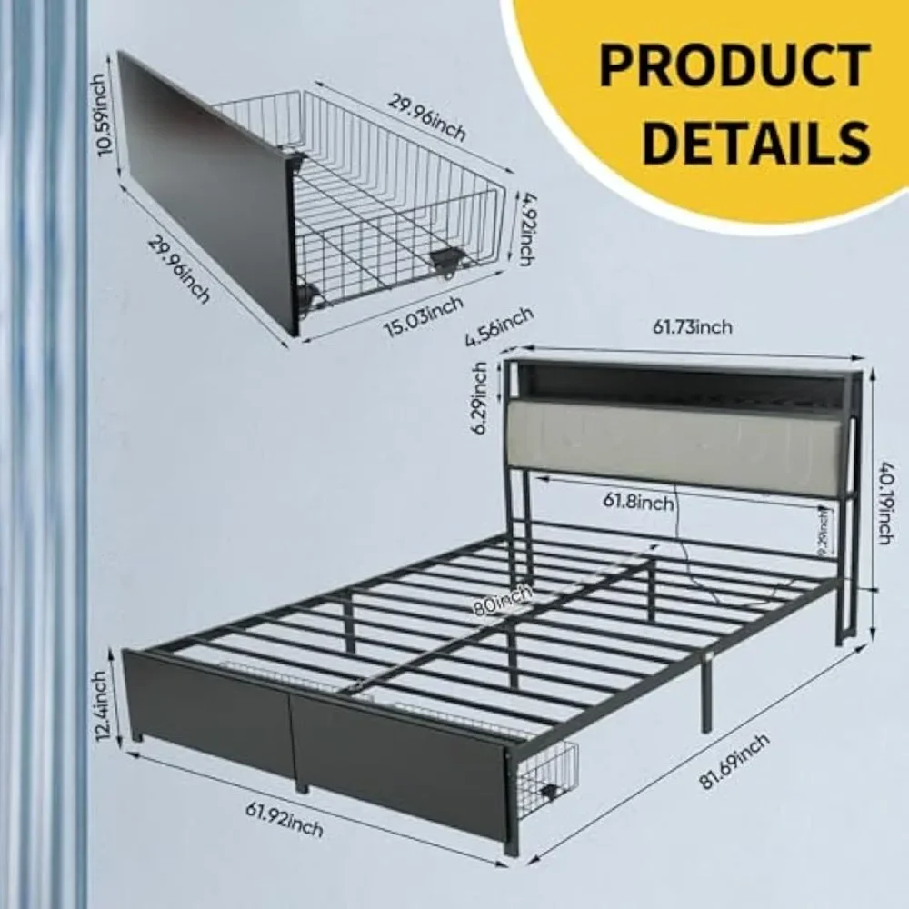 Bed Frame with Headboard Charging Station & LED - Metal Platform Bed Frame with 2 Storage Drawers - Noise-Free/Metal Support