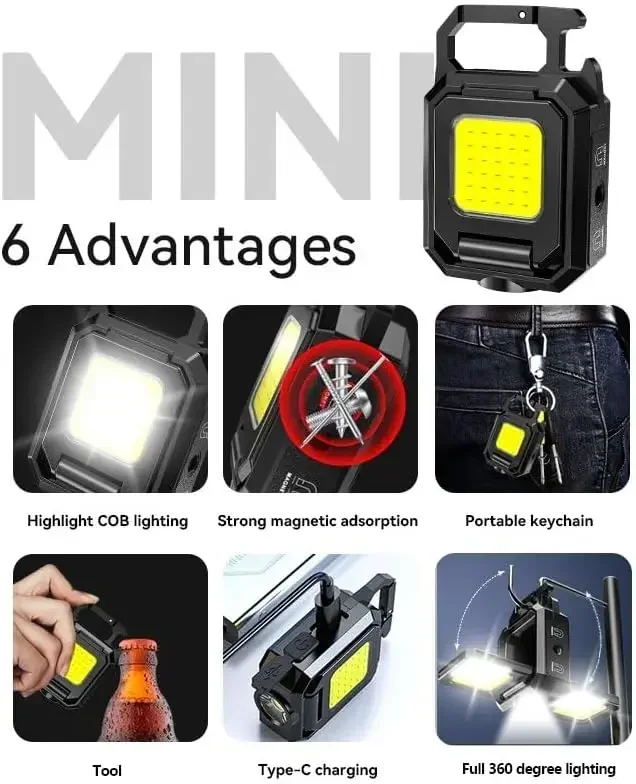 Mini chaveiro, LED 1000LM COB, XPE Pocket Work Light, Lanterna recarregável USB, IPX4 impermeável para acampamento ao ar livre e caminhadas