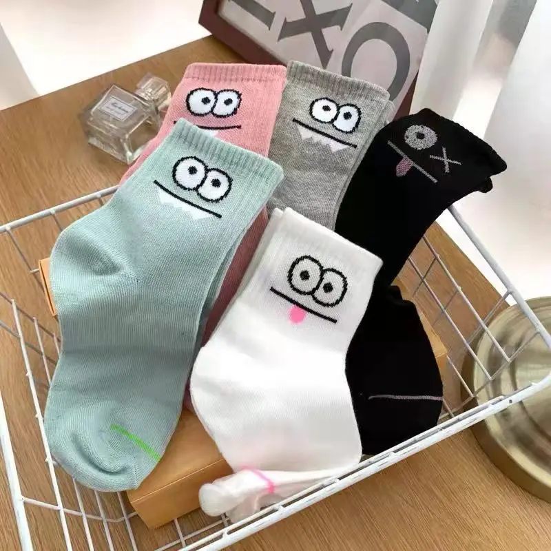 Chaussettes à imprimé d'expression mignonne, chaussettes confortables et drôles, chaussettes mi-tube assorties, bas et bonneterie pour femmes, 5 paires