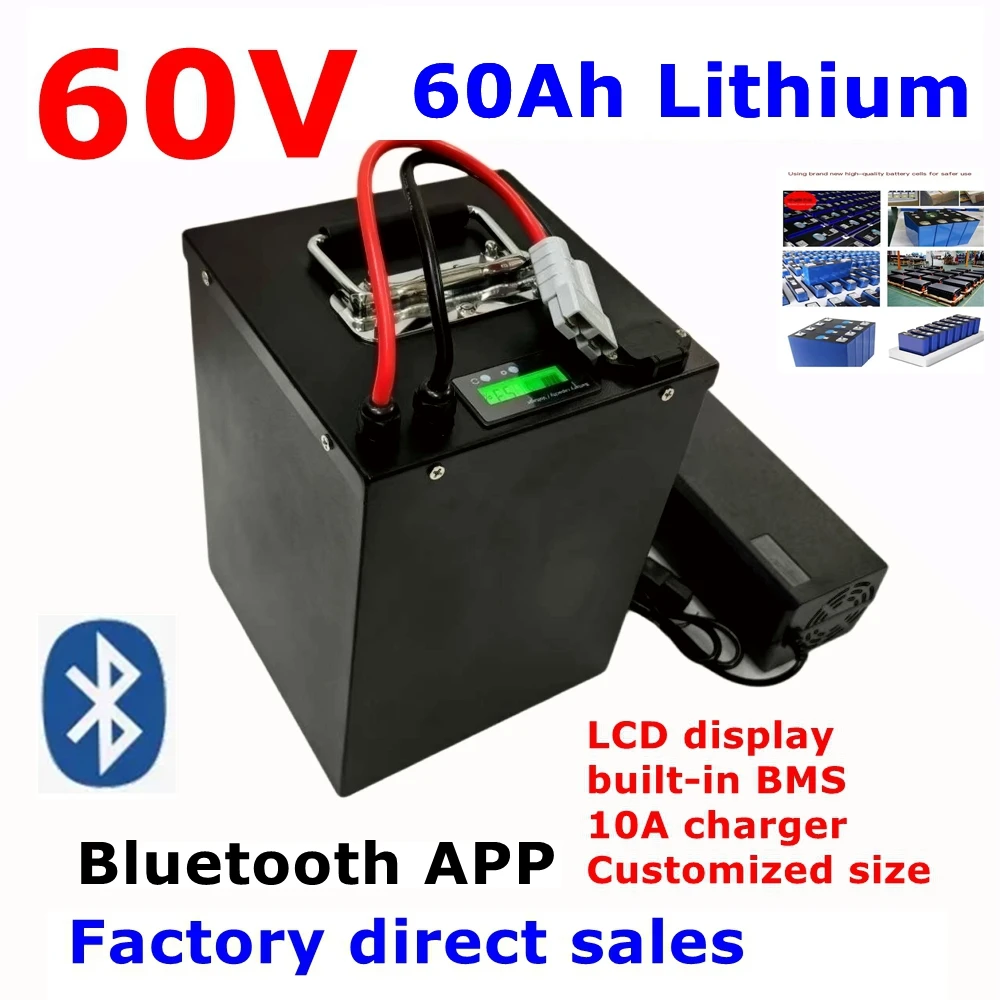 LL-Batterie lithium-ion 60V, 60Ah, BMS 16s, pour vélo, tricycle, scooter, moto, avec chargeur 10A, 6000W