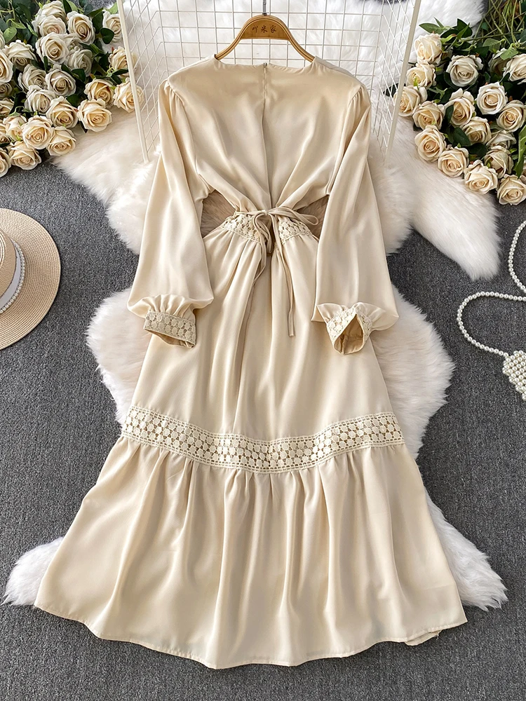 Mulheres no outono vestido francês socialite estilo suave damasco em torno do pescoço rendas retalhos cetim saia longa vestidos femininos ds227