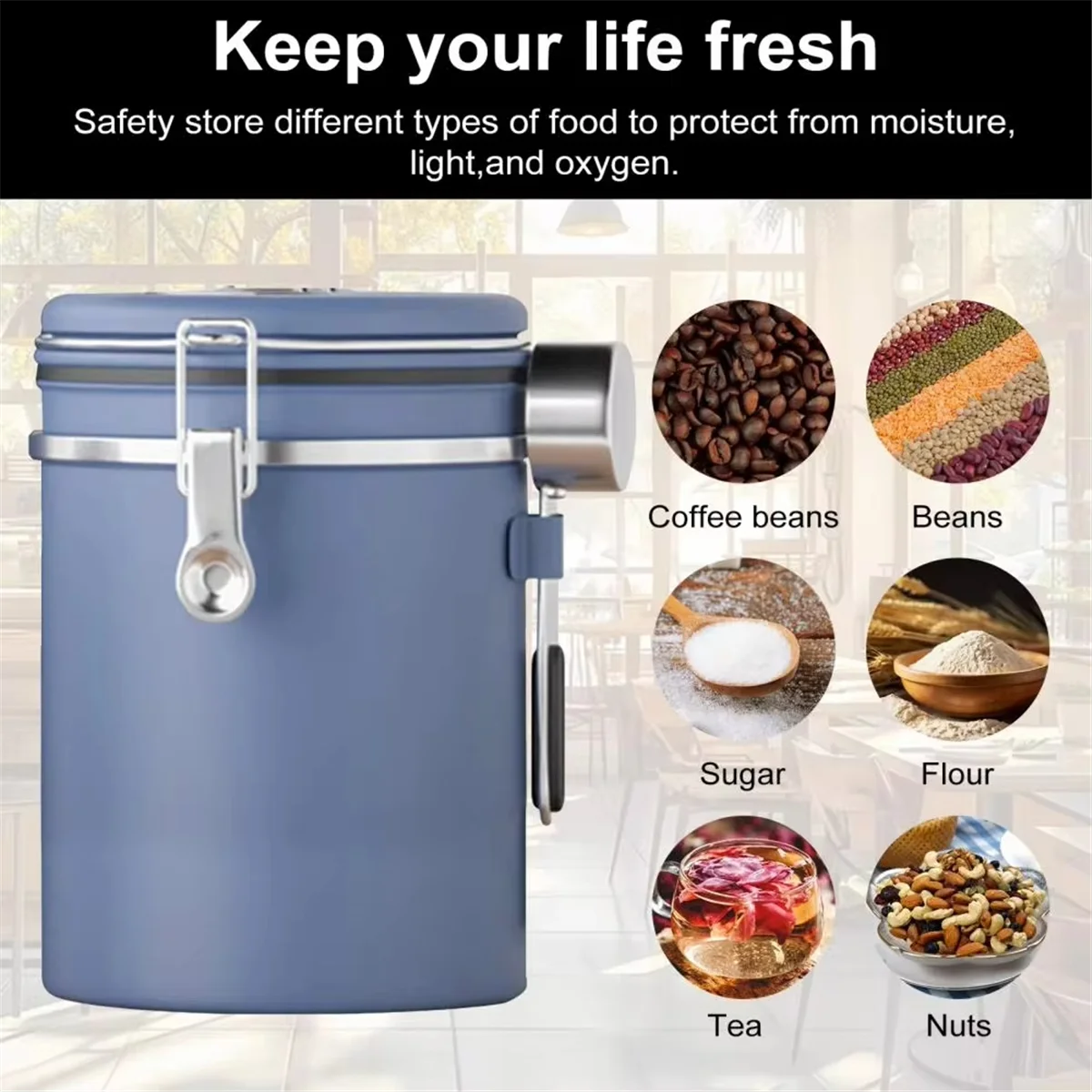 1800ML Stainless Steel Coffee Canister Airtight Container with Date Tracker Measuring Spoon Freshness Lock Kitchen B