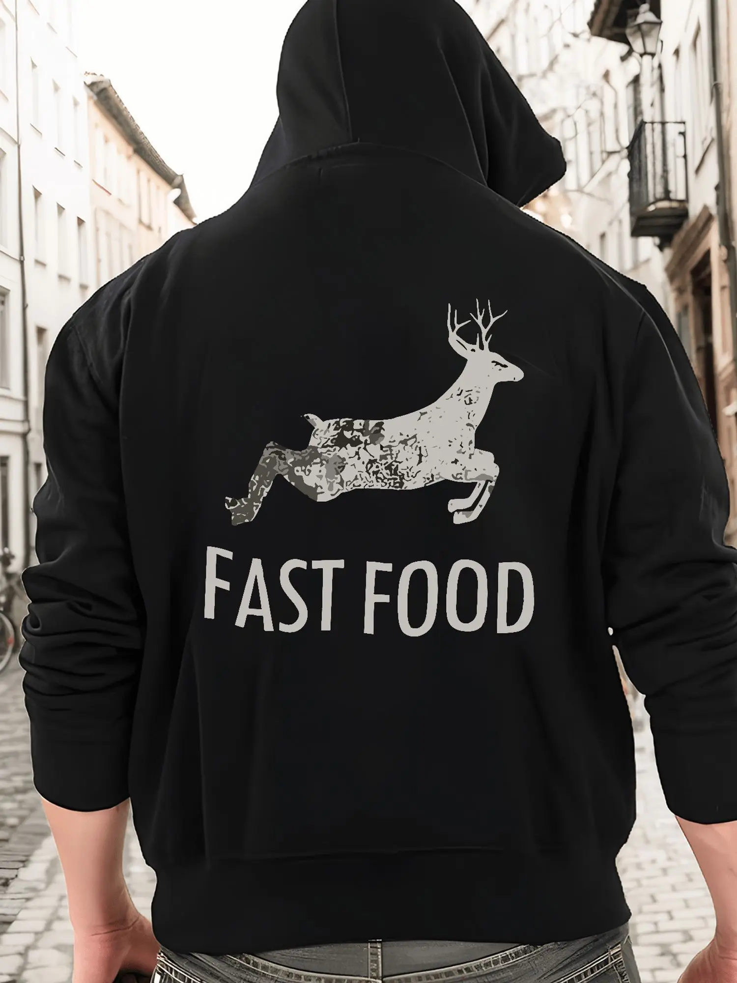 

Men's "Fast Food" Deer Graphic Hoodie - Humorous Hunting-Inspired Casual Sweatshirt
