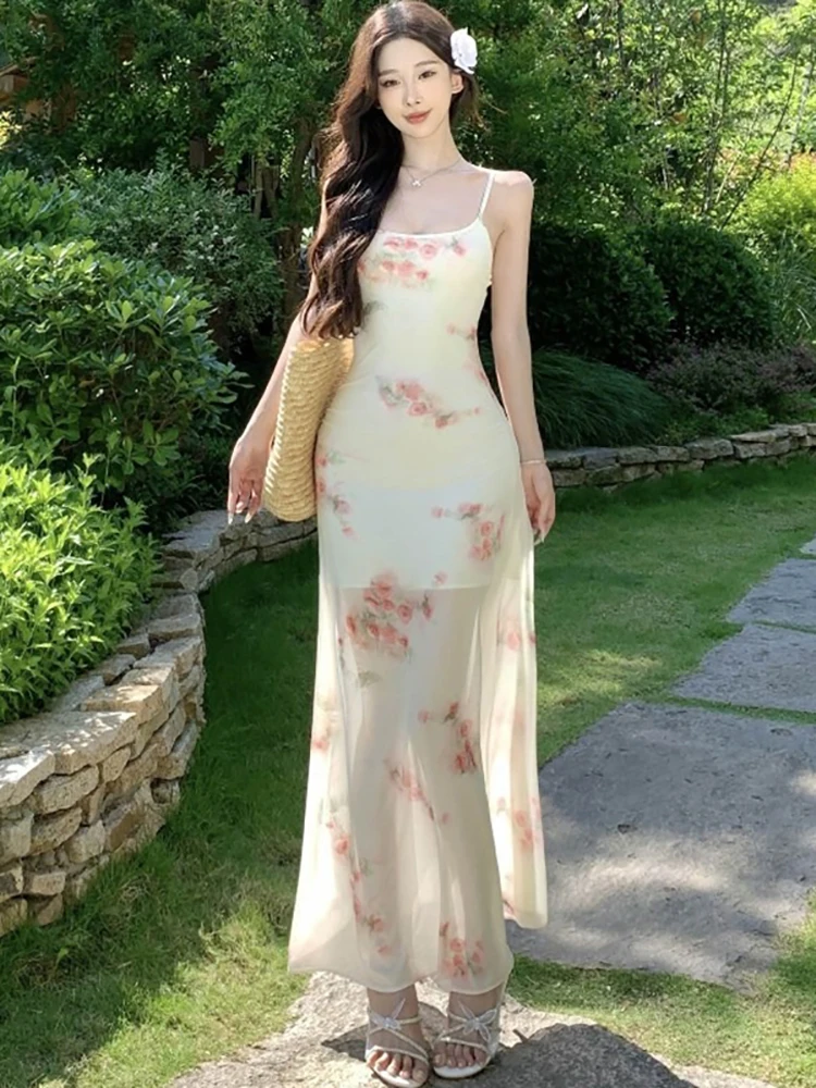 Sommer Floral Mesh Quadrat Kragen Sling Sexy Langes Kleid Frauen Boho Elegante Casual Kleid 2025, Koreanische Mode, Figurbetontes Urlaubskleid