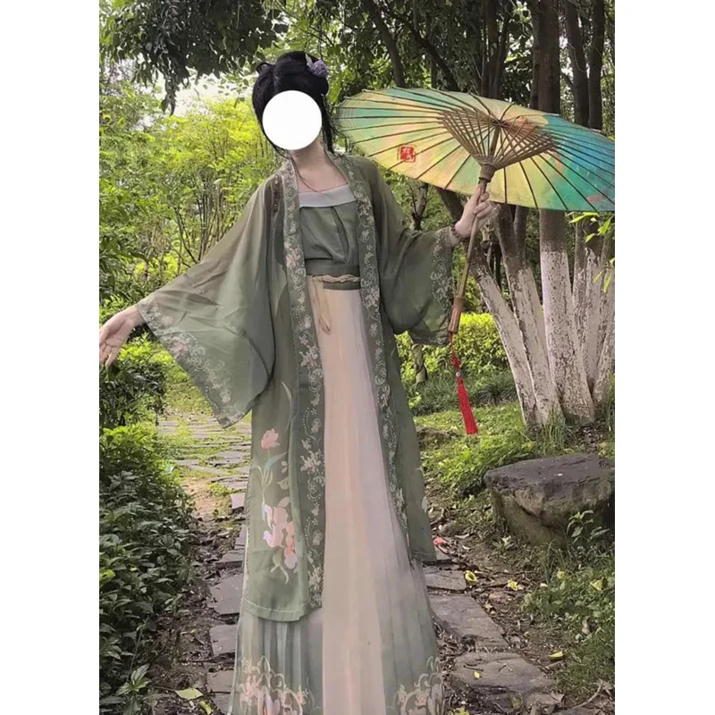 Chinesisches hanfu kleid 3pcs set tee grün fließendes maxi kleid chinesische alte frauen stickerei kleid kostüm für schießen abschluss