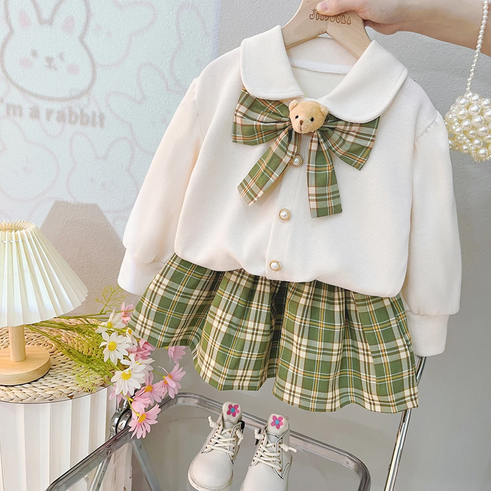 College Style Baby Girls Clothing Sets 2023 Autumn Children Bow Coats Plaid Skirt Kids Tracksuit Infant Outfits Princess Clothes