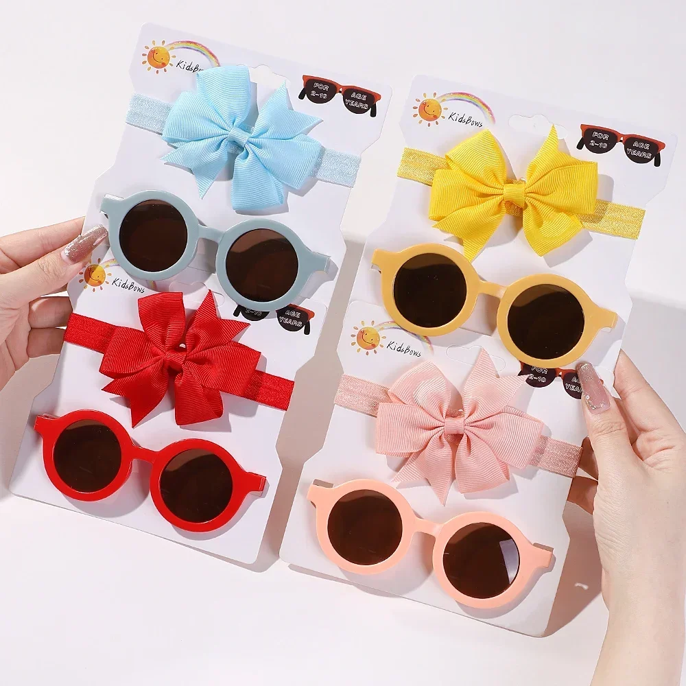 

2pcs Sunflower Ribbon Headband Retro Sunglasses Little Girl Leisure Vacation Round Heart Glasses Big Bows Toddler Hair Clip Set