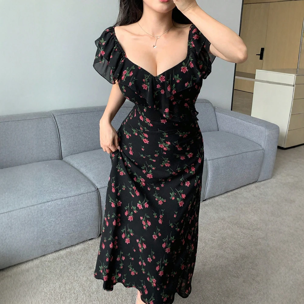 

Mia Muse Dresses Summer Casual Fashion Ditsy Floral Ruffle Hem Sleeveless Sweetheart Neck Midi Daily Dresses For Women