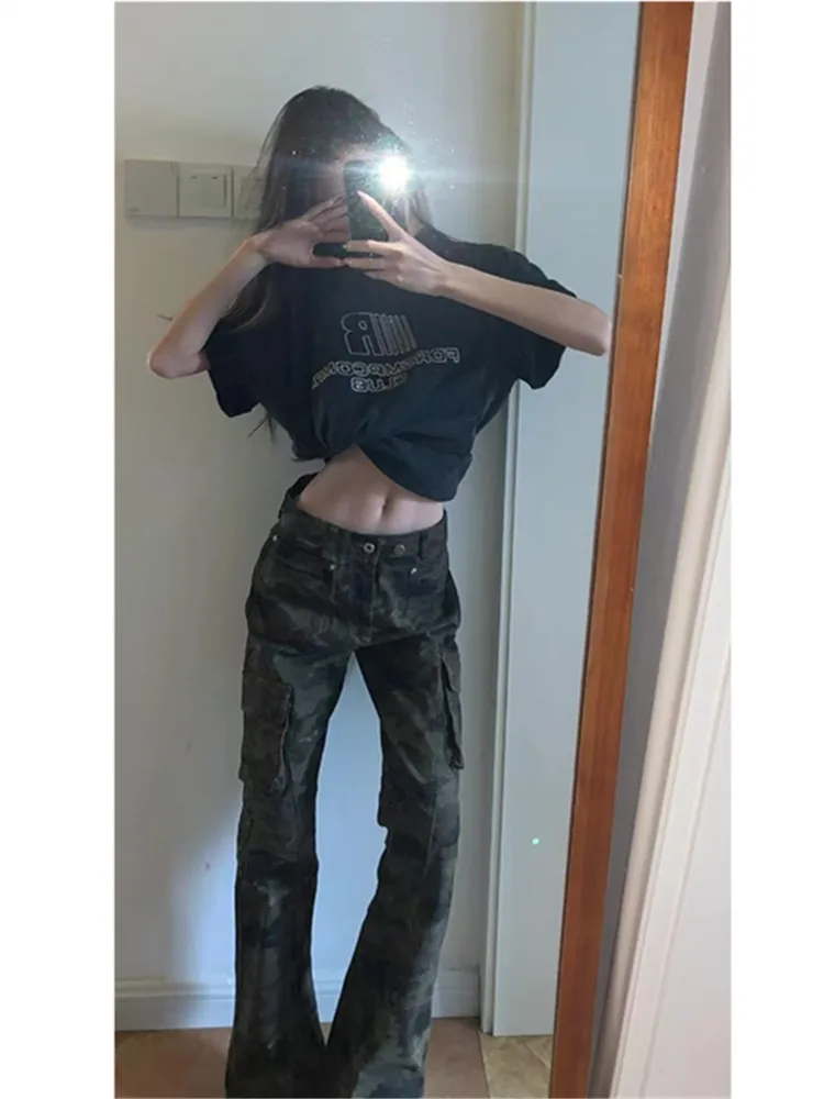 

Американские ретро-джинсы с камуфляжным принтом, расклешенные, с низкой посадкой, женские, удлиненные, с высокой талией, утягивающие, длинные рабочие брюки