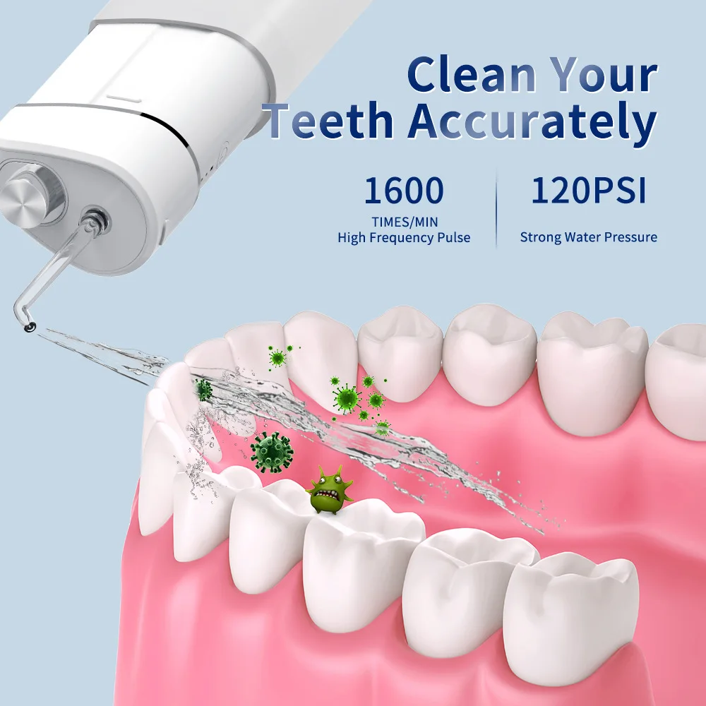 جهاز تنظيف الأسنان بالمياه الصغير المحمول عن طريق الفم من النوع C شحن السفر فلوشير الأسنان اختيار المياه 4 فوهات 3 طرق منظف لثة الأسنان