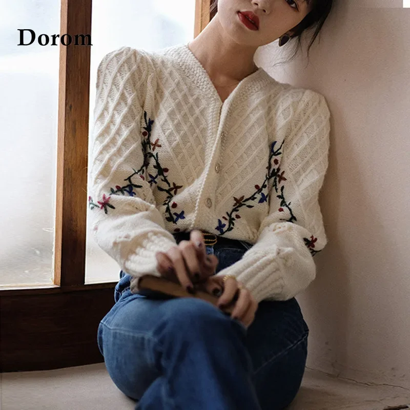 Vintage Floral Embroidery Cardigan Women Autumn Japanese V Neck Lantern Sleeve Grandpa Sweater Coat New In Loose Knitted Jumper