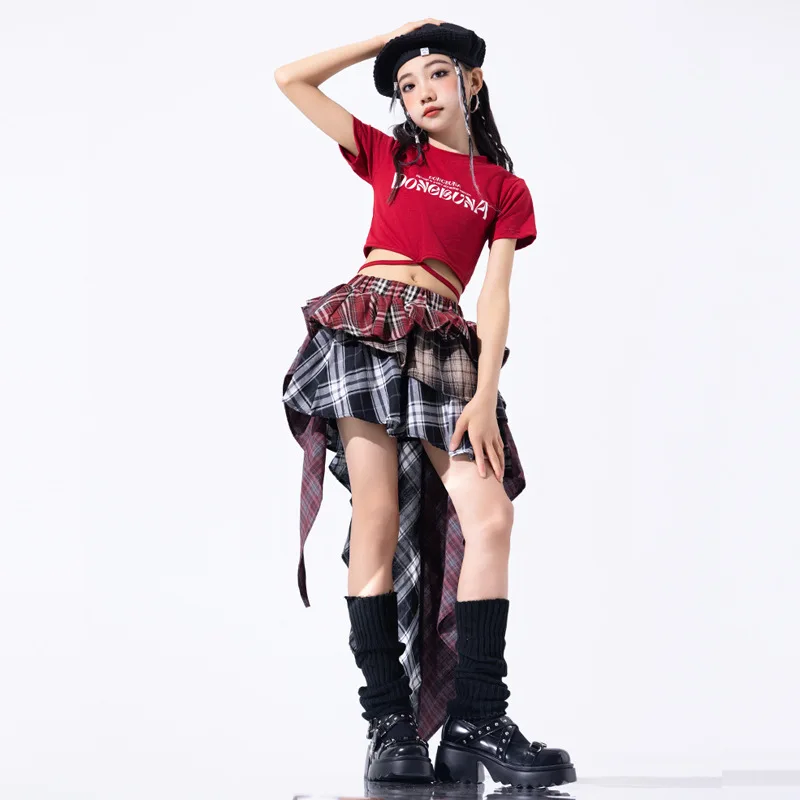 Hip Hop หญิง Crop Top ลายสก๊อต Street Dance กระโปรงเด็กริบบิ้นจีบกระโปรงวัยรุ่น Jazz Cool เครื่องแต่งกาย Streetwear เสื้อผ้าชุด