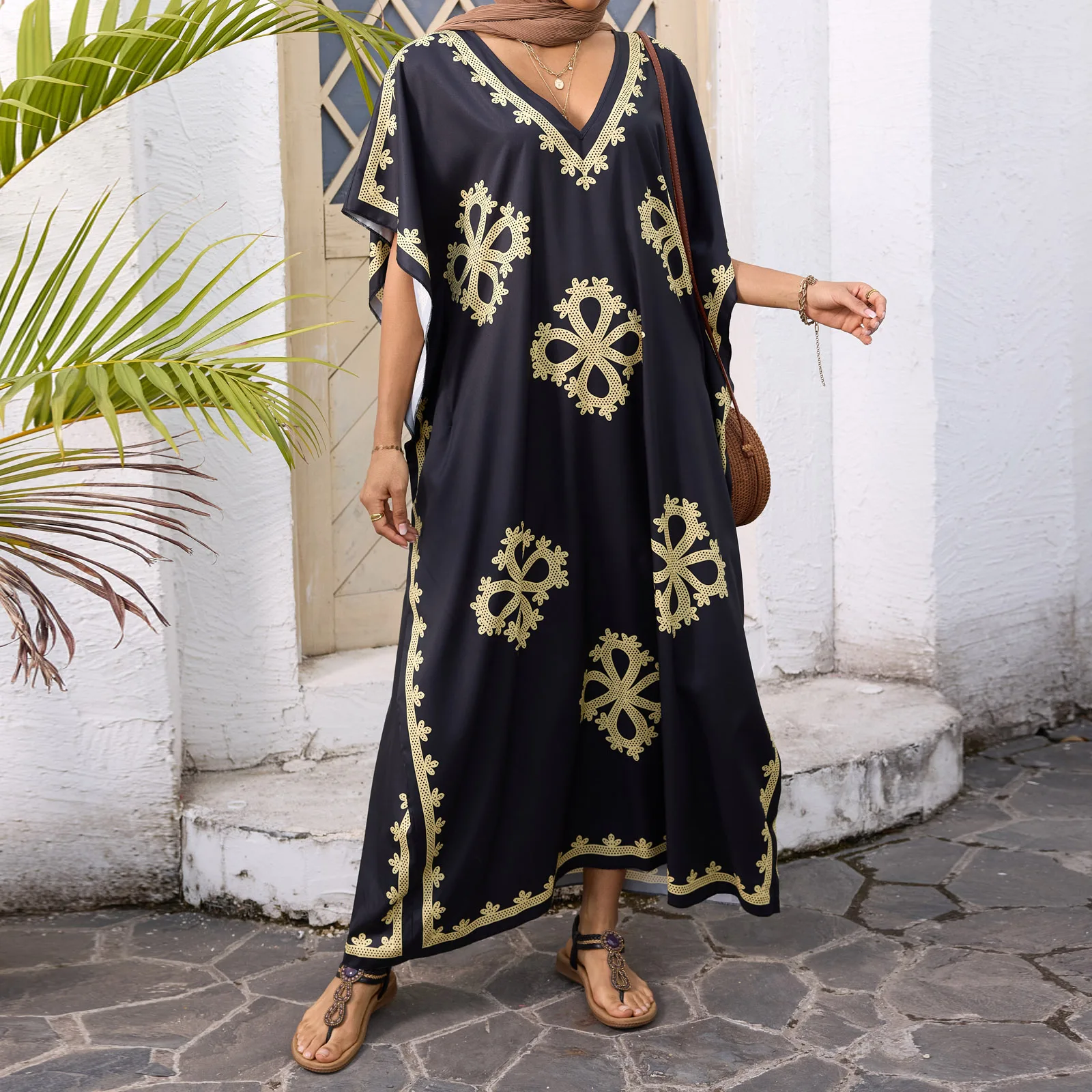 

Summer Casual Women's Ramadan Long Dress Bat Sleeve V-Neck Loose Elegant Dress Print Arab Robe Caftan Gowns