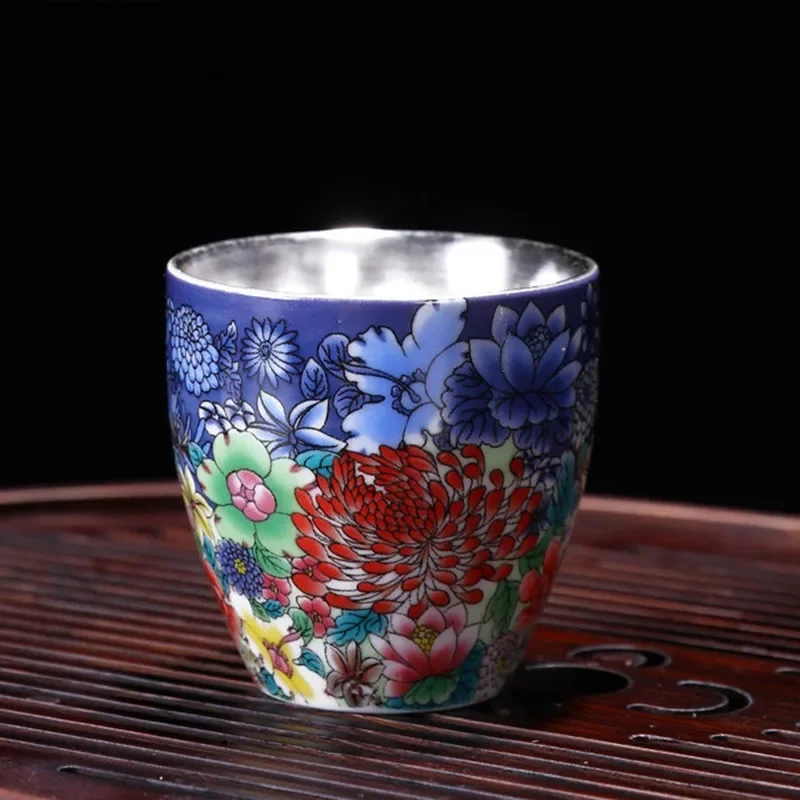 

Серебряная чайная чашка из чистого серебра 999 пробы, позолоченные фарфоровые чашки ручной работы, посуда для напитков с цветной эмалью, керамическая чайная посуда в стиле ретро, 90 мл