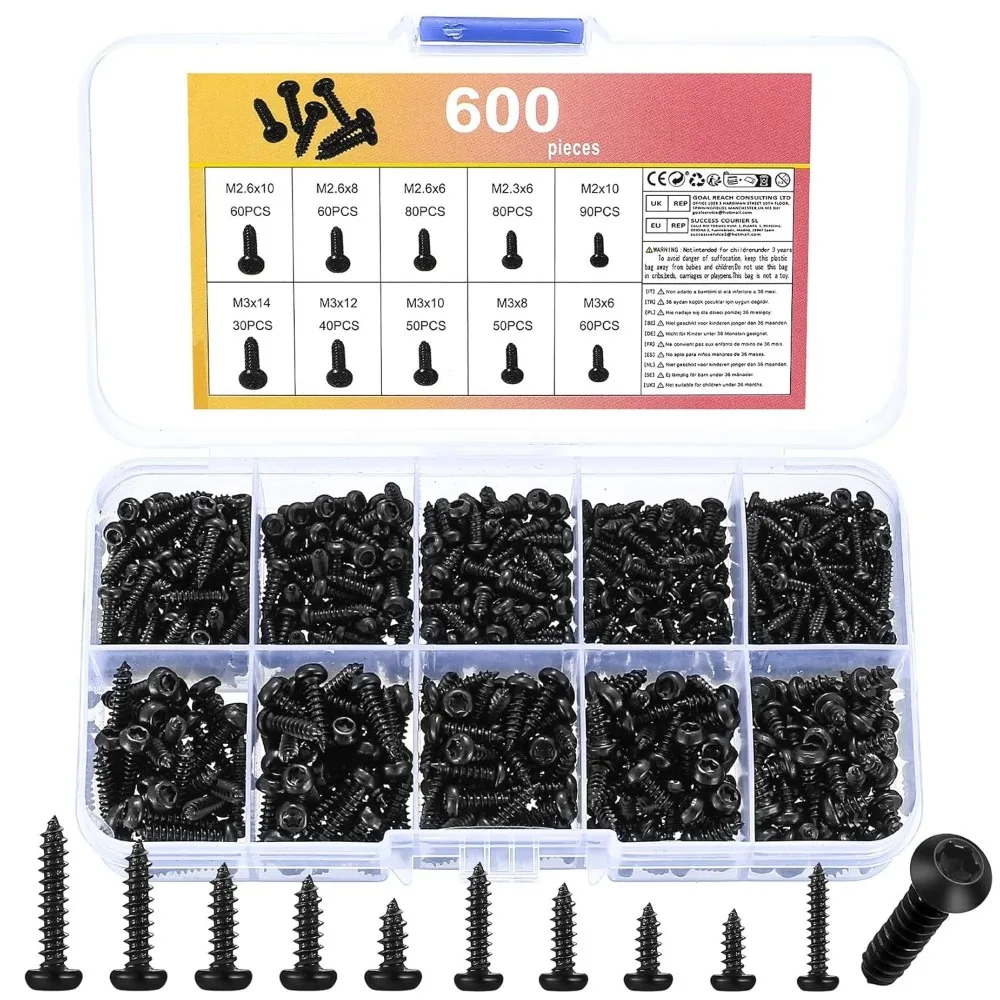600 Stück M2 M3 M2.6 M2.3 Torx-Flachkopfschrauben-Set Kleine Schwarze Rundkopf-Torx-Schrauben aus Kohlenstoffstahl Hardware-Werkzeug
