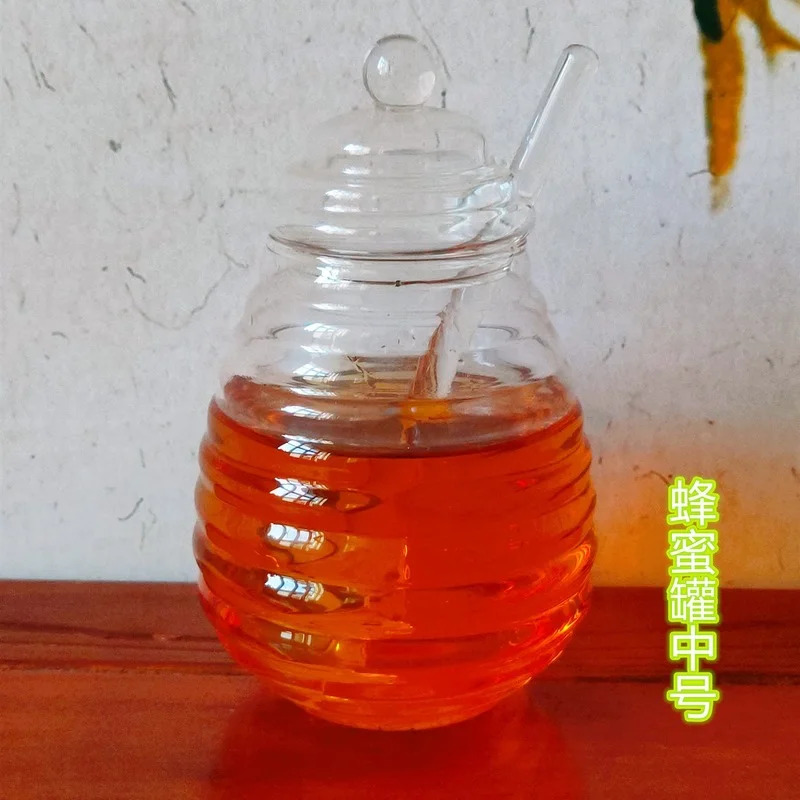 Household Transparent Glass Honey Jar with Lid Glass Stirring Stick Honey Bottle Creative Glass Transparent Jar Glass Container