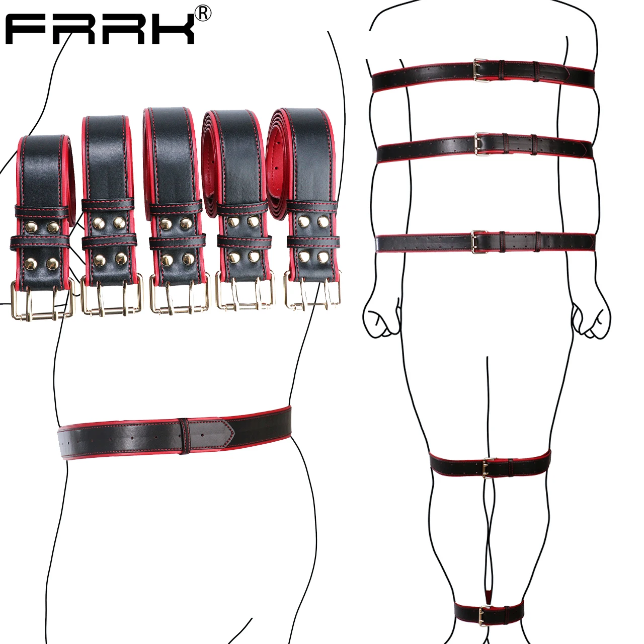 FRRK مثلي الجنس نمط بو الجلود المشتعلة الفارس الأسود 1 قطعة BDSM حزام الخصر المثيرة ، 5 قطع مجموعة الجسم عبودية الذكور العفة الأشرطة جهاز #1