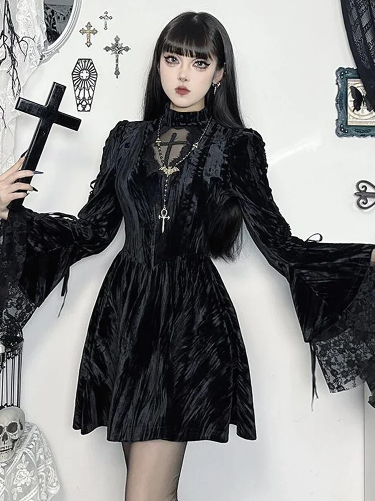 AltGoth Mall Goth Fairycore Gothic Dress Women Aesthetic Lace Patchwork Flare Sleeve High Waist Dress Halloween Dark Partywear