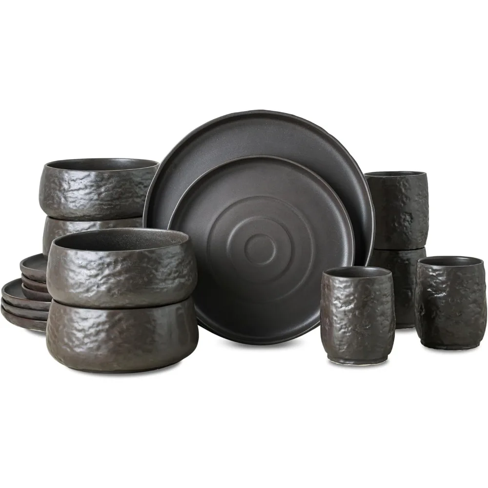 SHOSAI 16-Piece Stoneware Dinnerware Set, Plates and Bowls Set, Modern Dishware set fo 4, Black