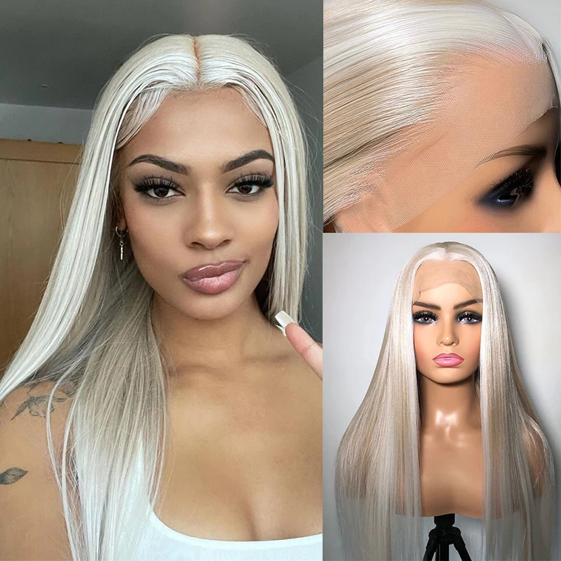 Platinum Blonde Balayage Highlights Lace Front Wigs Soft Silky Synthetic Straight Wig Japanese Synthetic HD Lace Wigs for Women