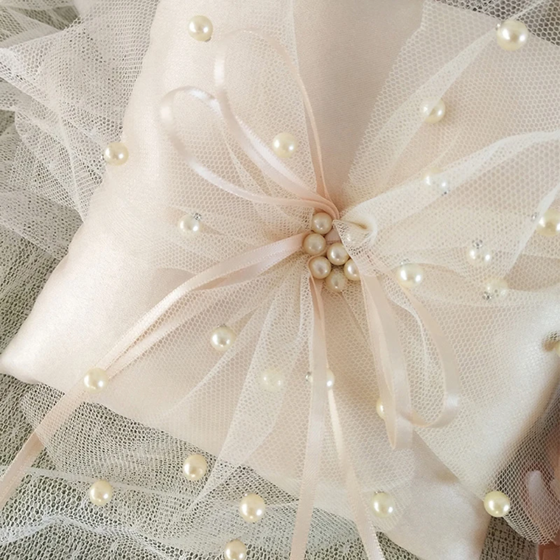 15x15cm European Romantic Bridal Wedding Ring Pillow Double Heart White Blue Handmade Ribbon Cushion Decor for Wedding Ceremony