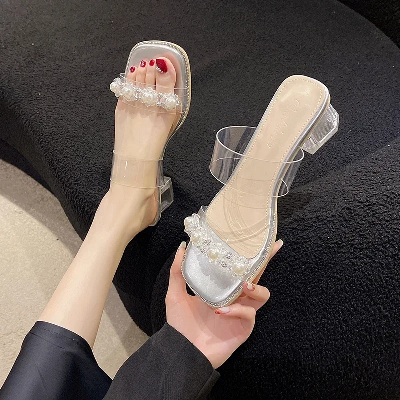 Sandals for women in summer fashion, external wearing slippers, high heels, crystal heels, women's transparent one line slippers