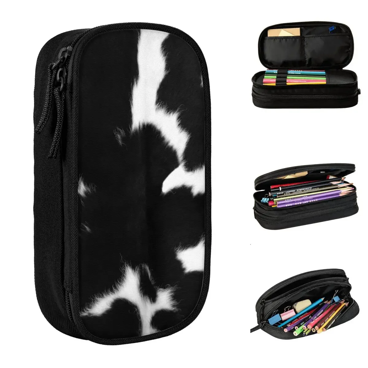 Black White Cowhide Cow Skin Pattern Farmhouse Pencil Case Pen  Bags Student Large Storage School Supplies cases