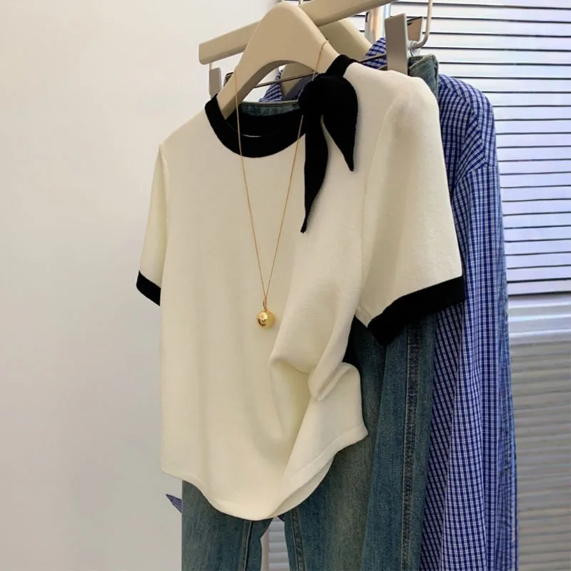 

Sweaters Fashion Short Sleeve Knitted Sweater Women Pullovers O-Neck Bow Knit Sweater Pullover Women Tops Sueters De Mujer Q2668