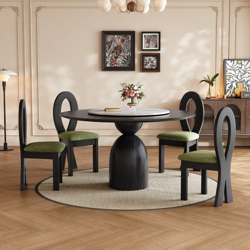 

Black retro style ash wood grain solid wood round dining table and chairs French medium and ancient style round table