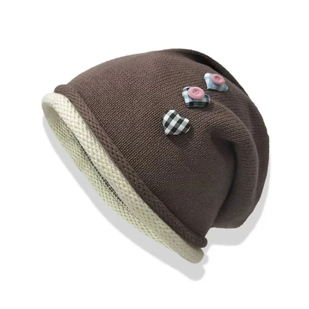 

Trendy Vintage Y2k Baggy Cap Heart Button Loose Knitted Beanies Cap Versatile Curl Brim Pullover Hats Women